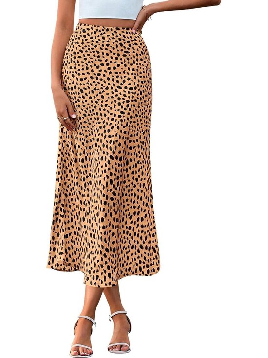 Dresses & Skirts - Women Khaki Black High Waisted A-Line Silky Flowy Bias Cut Satin Midi Skirt